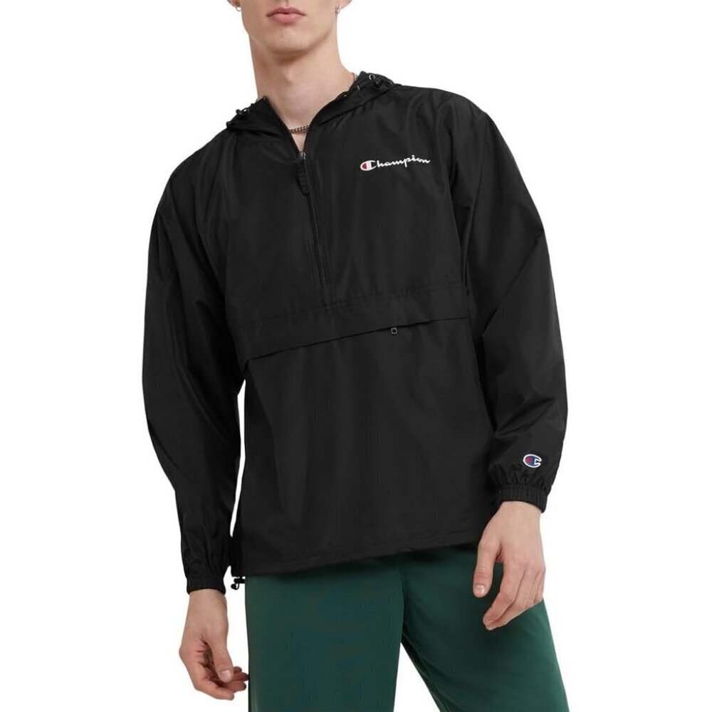 mens Stadium Packable Jacket, Wind & Water Resistant, Script Logo, Available in